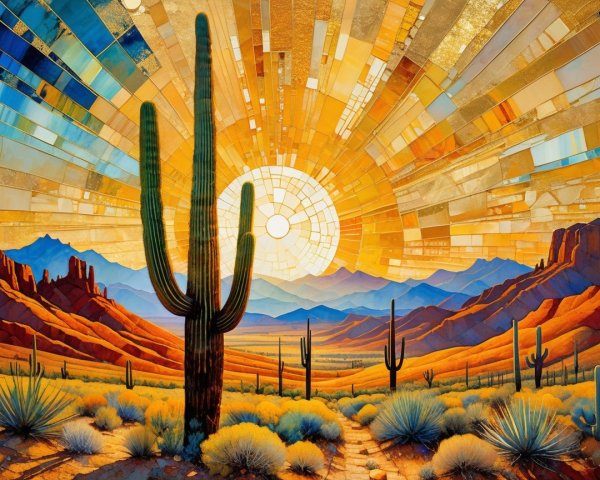 Vibrant Desert Landscape with Cacti and Mountains