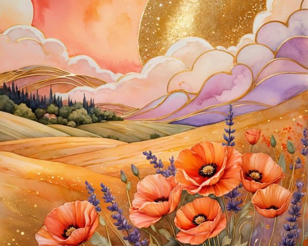 Vibrant Landscape with Sunset and Colorful Flowers