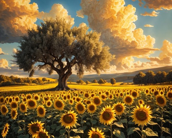 Sunflower Field with Majestic Tree and Sunset Sky