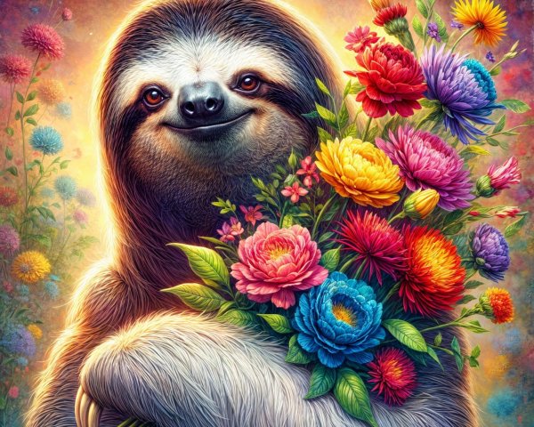 Cheerful sloth with colorful flowers in warm setting