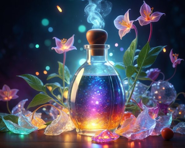 Magical glass bottle with colorful vapors and flowers
