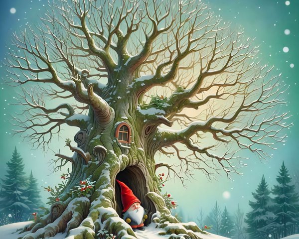 Whimsical Winter Scene with Ancient Oak Tree