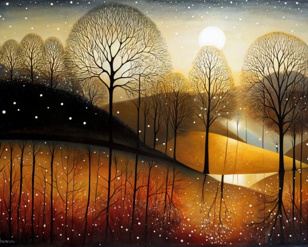 Serene Dusk Landscape with Silhouetted Trees and Snowflakes
