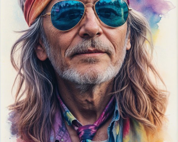 Man with Long Hair in Colorful Tie-Dye Attire