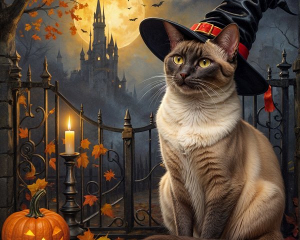 Cat in Witch Hat by Gothic Gate with Halloween Decor