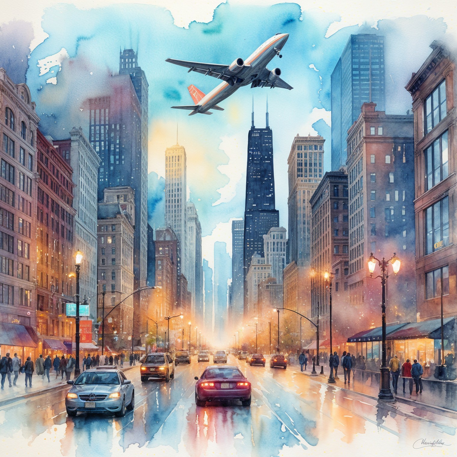 Vibrant Watercolor of a Bustling City Street Scene