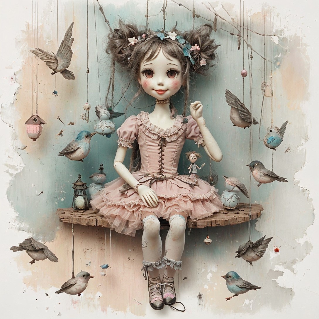 Whimsical Doll on Swing with Birds in Dreamy Setting