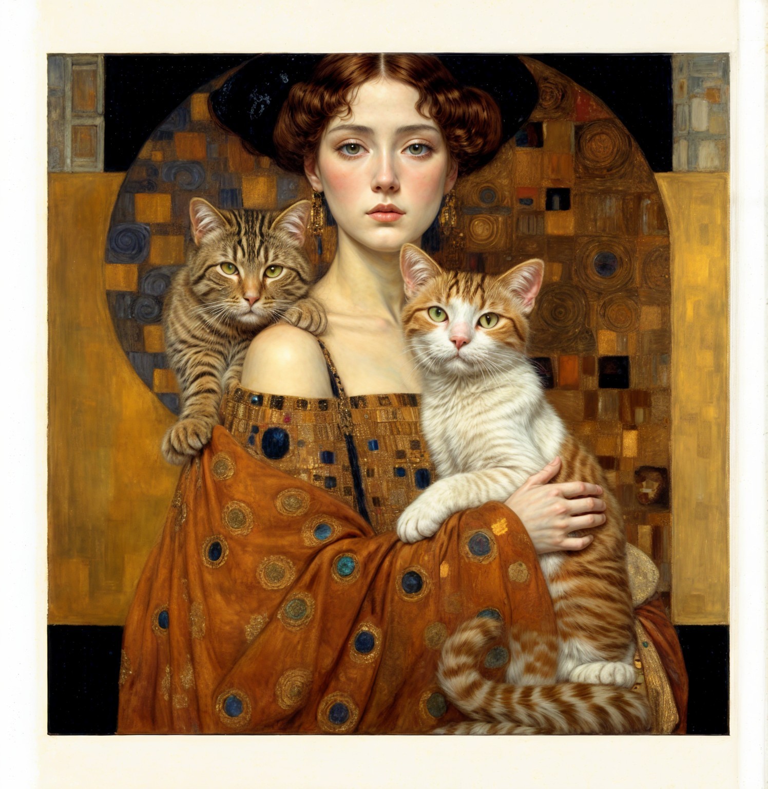 Elegant Woman in Orange Dress with Two Cats