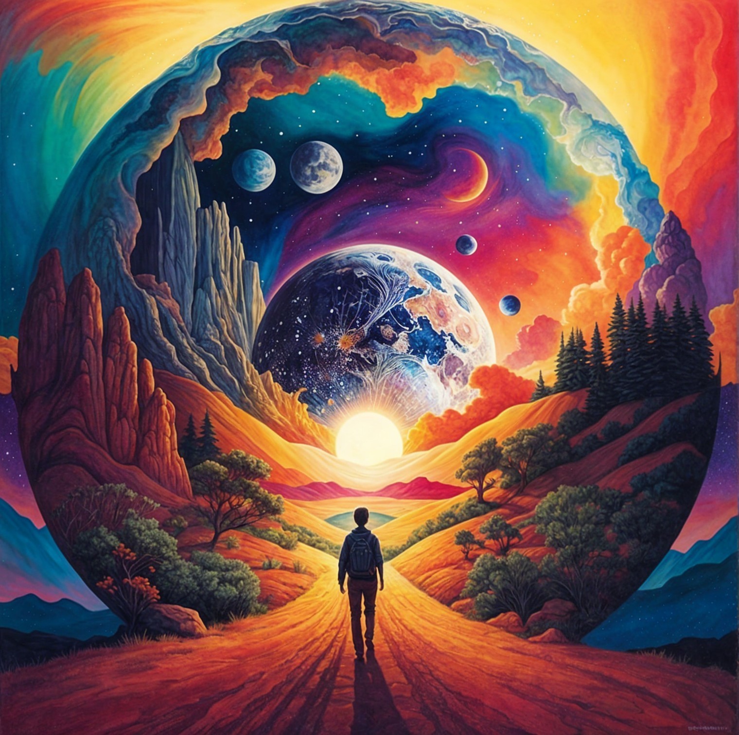 Surreal Landscape with Traveler and Cosmic Portal