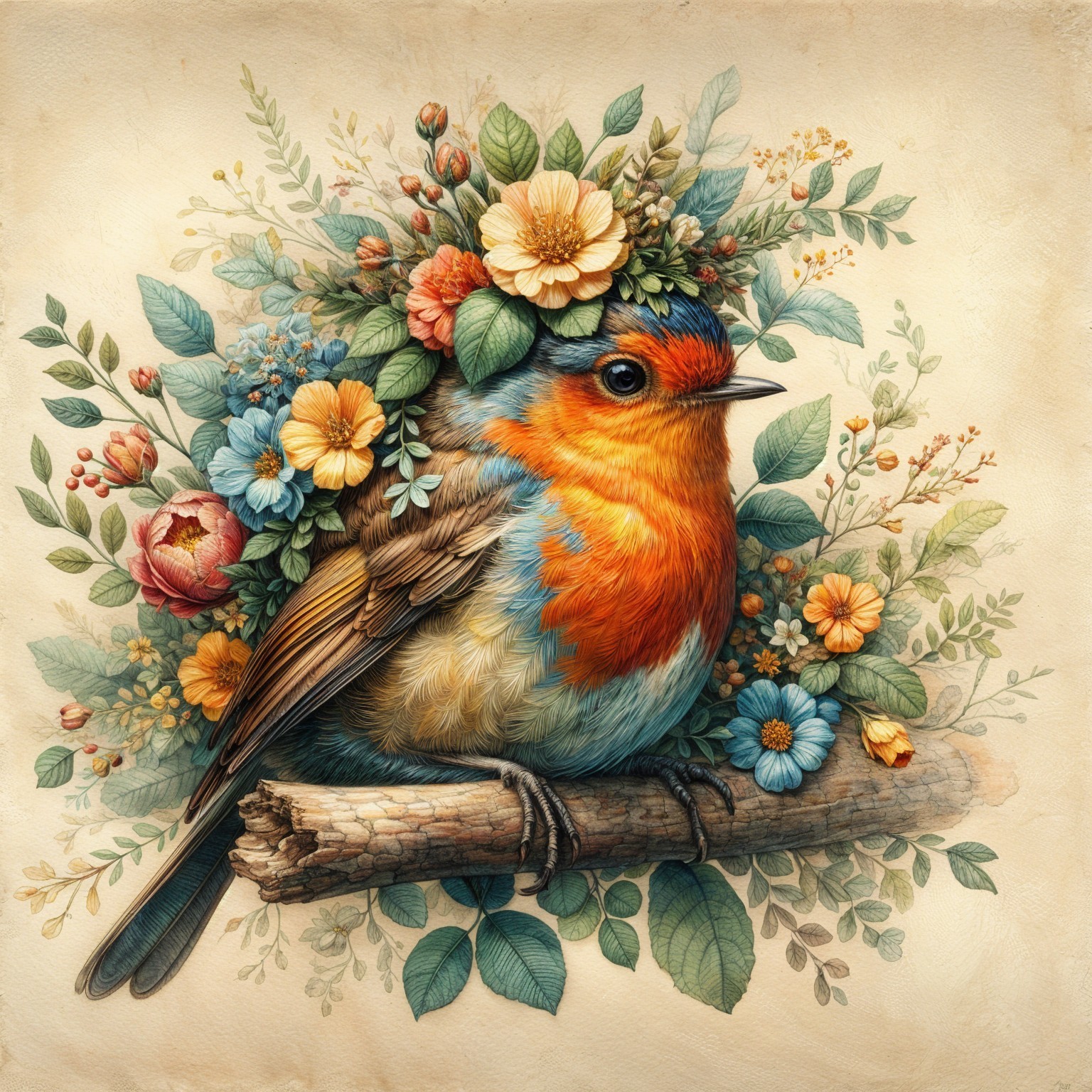 Illustration of a Colorful Bird on a Floral Branch