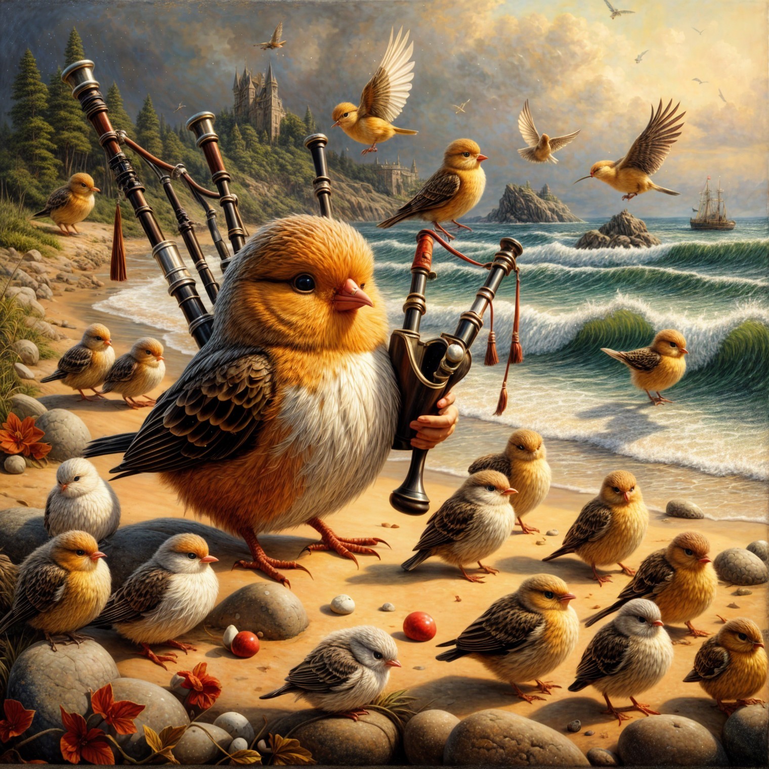 Bird Playing Bagpipes on a Beach with Smaller Birds