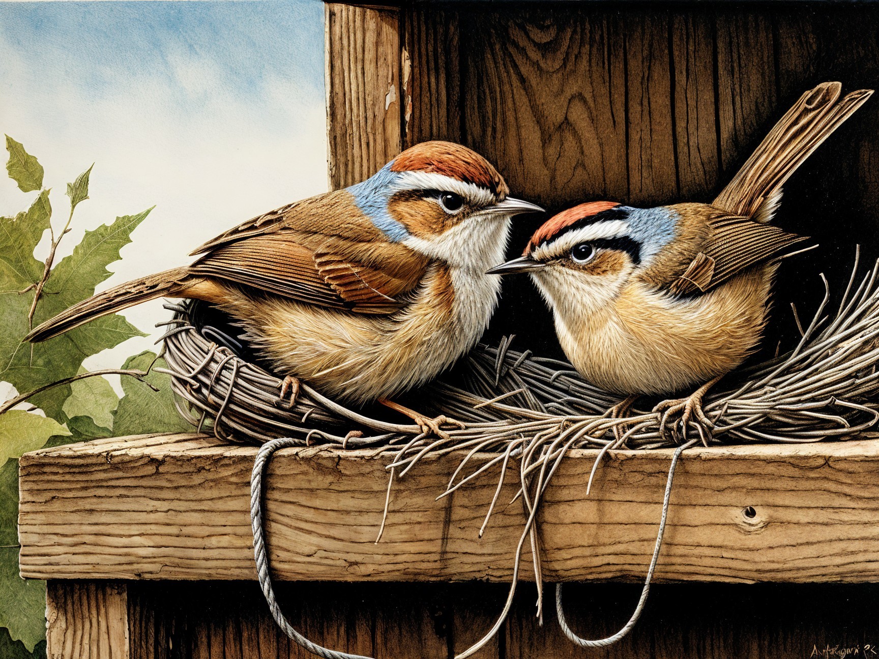 Colorful Birds in Cozy Nest Among Greenery