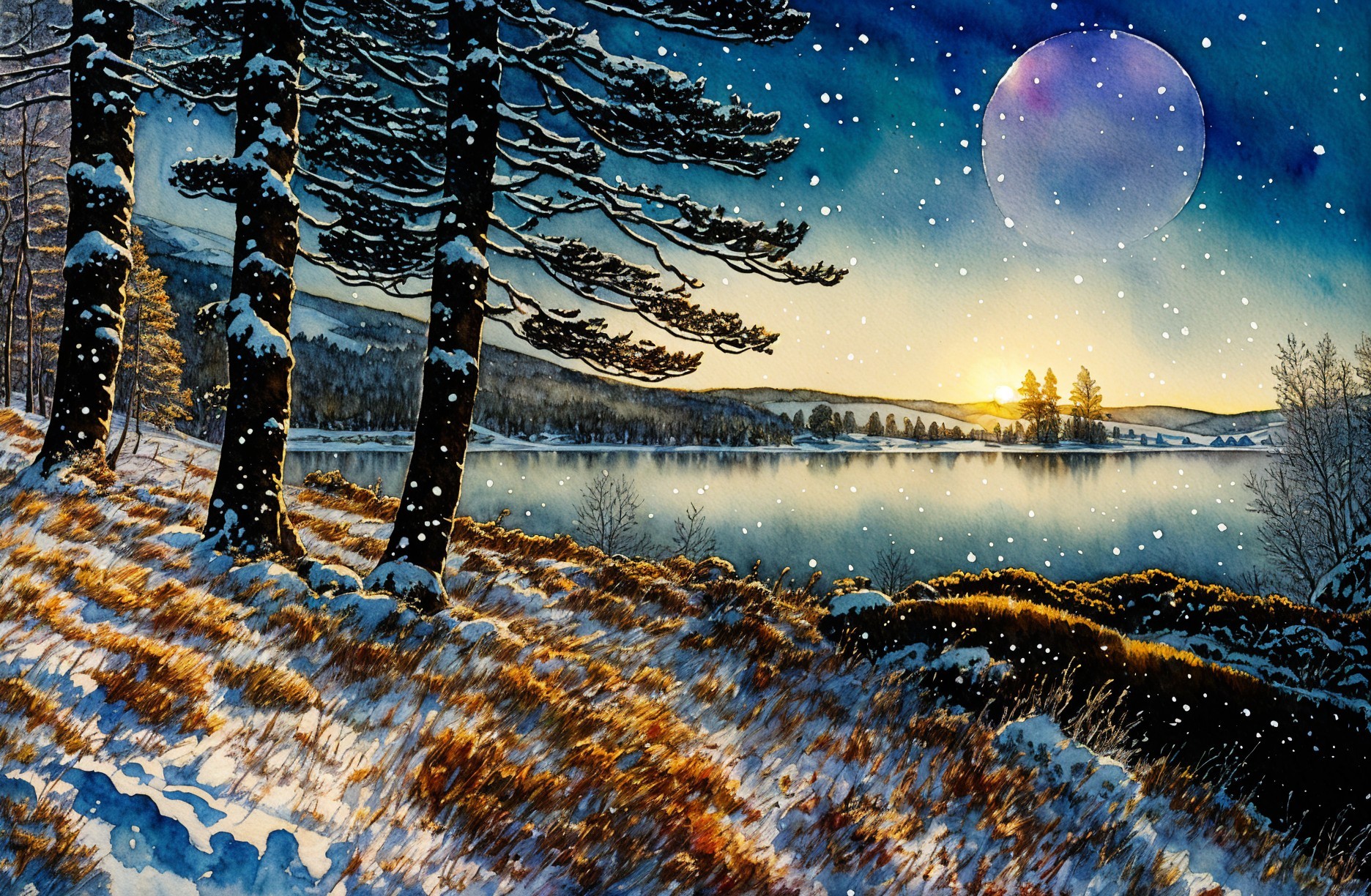 Tranquil Lake Surrounded by Snowy Hills and Pines