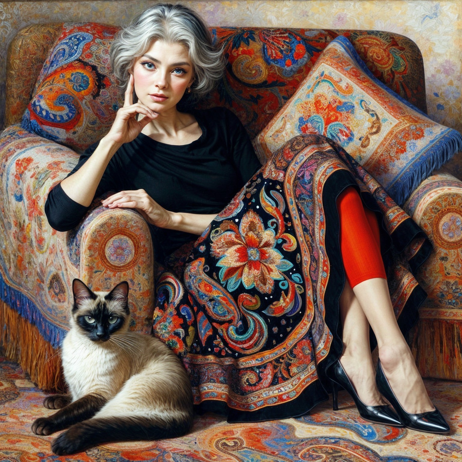 Elegant woman with gray hair and Siamese cat on sofa