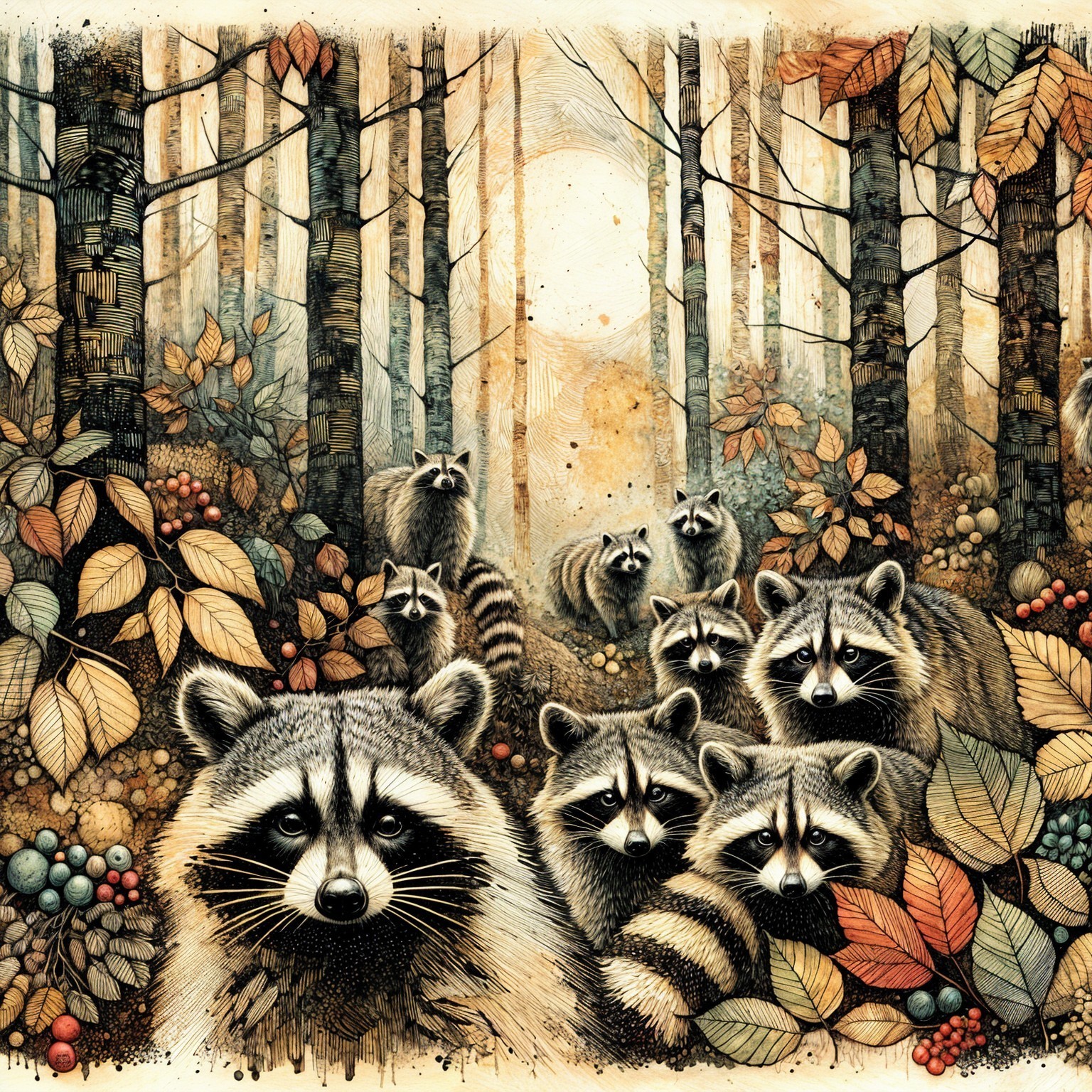 Whimsical Woodland Scene with Raccoons and Autumn Leaves