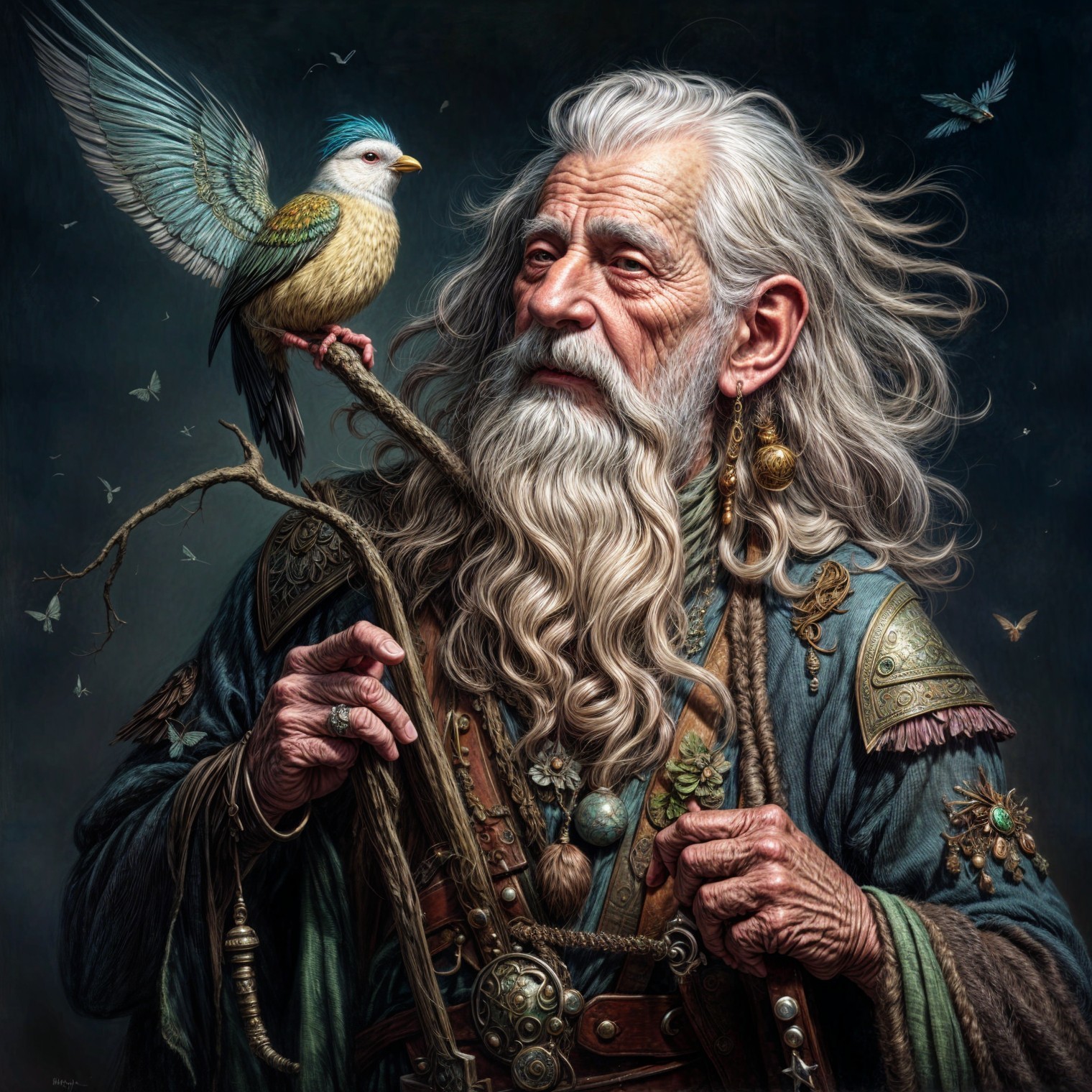 Elderly man with staff and colorful bird in serene scene