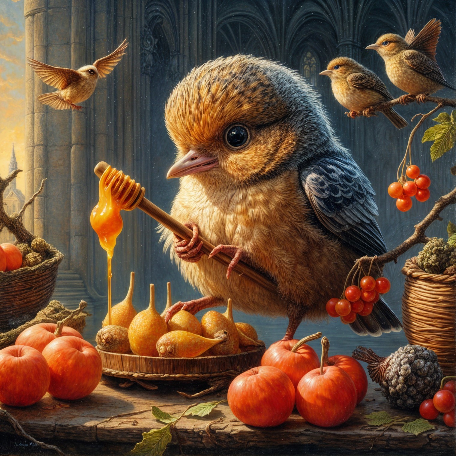 Charming Bird with Honey Stick Amidst Vibrant Fruits