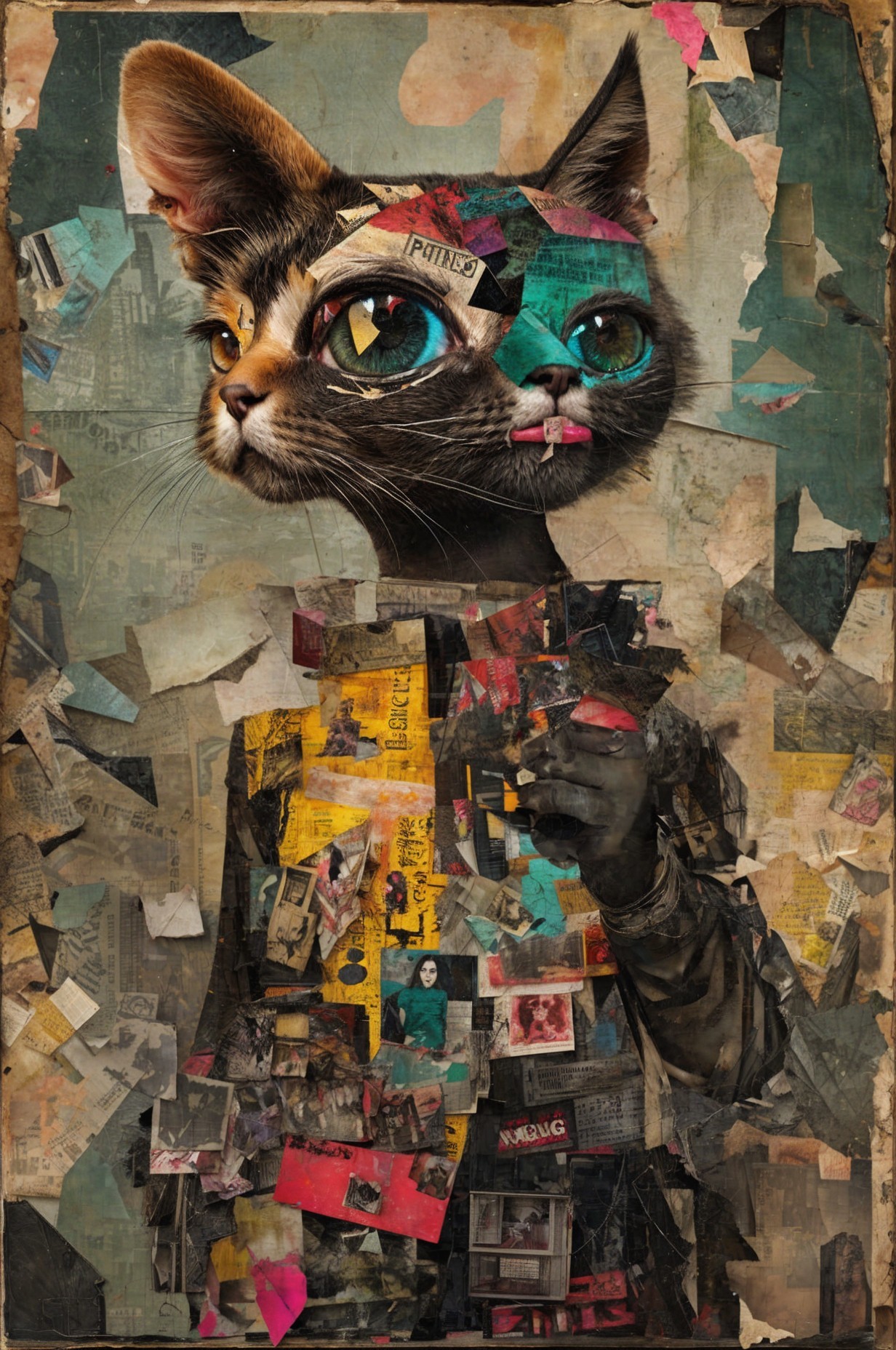 Surreal Artwork of Cat Head on Human Figure Collage
