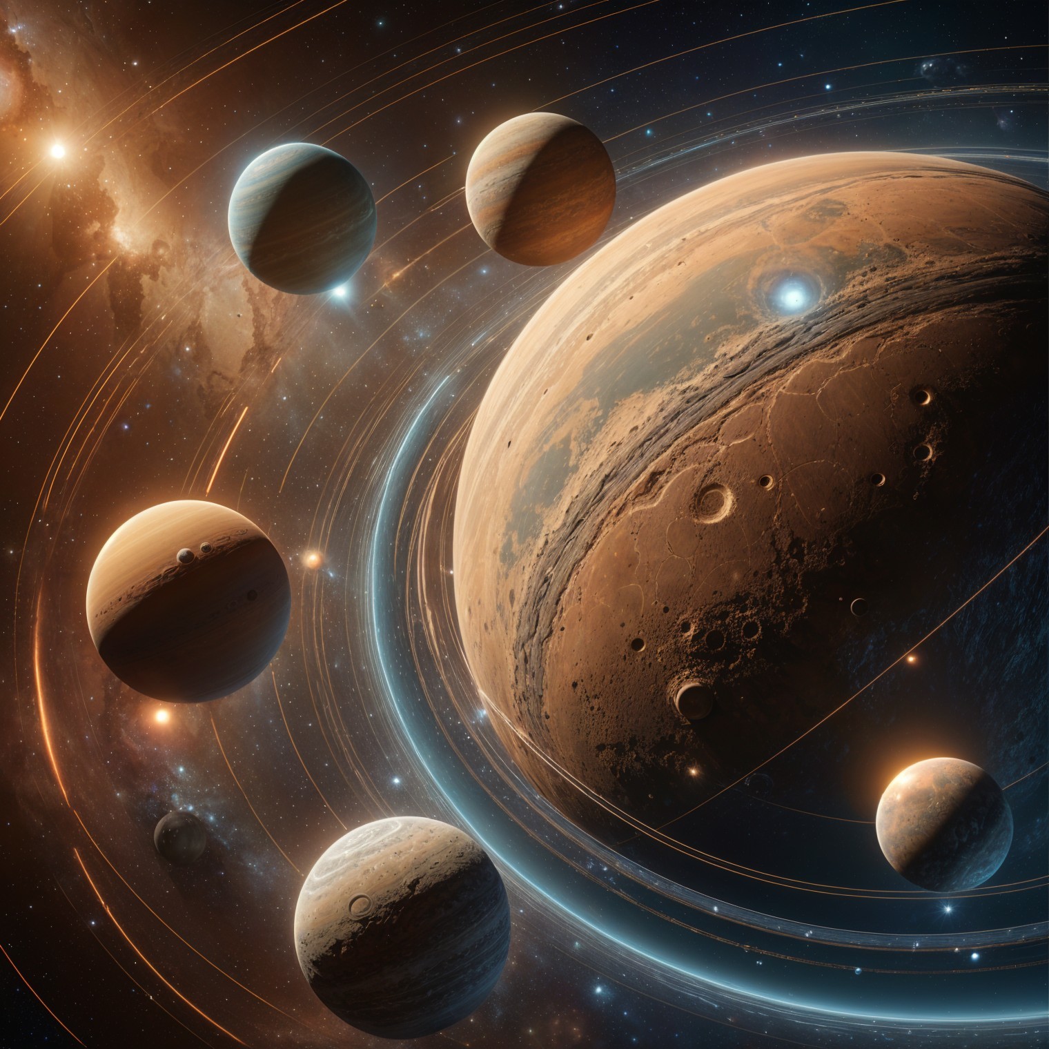 Vibrant Cosmic Scene with Orbiting Planets and Stars