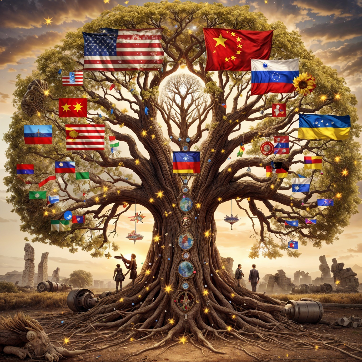Majestic tree with international flags in surreal landscape