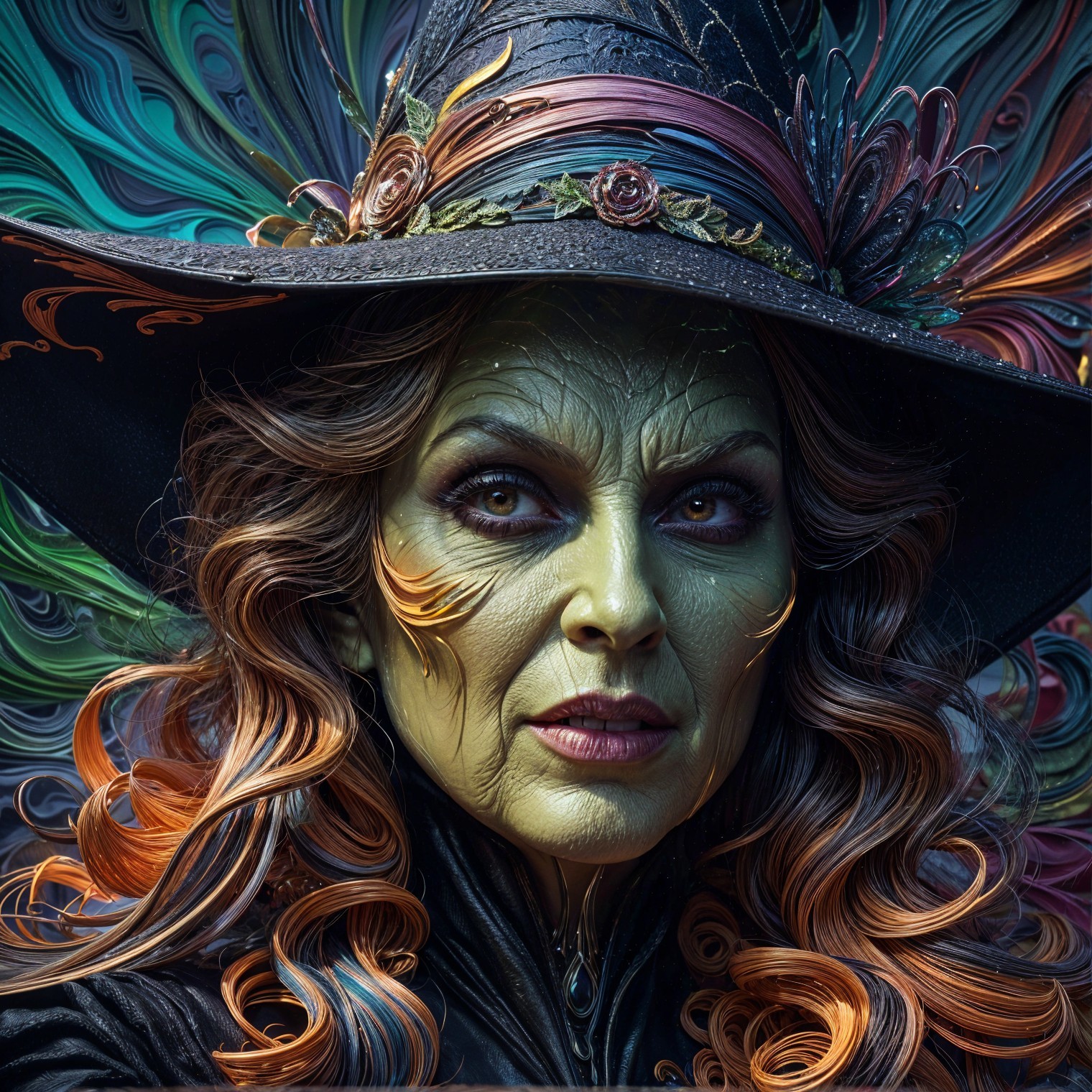 Vibrant Female Character with Green Skin and Black Hat