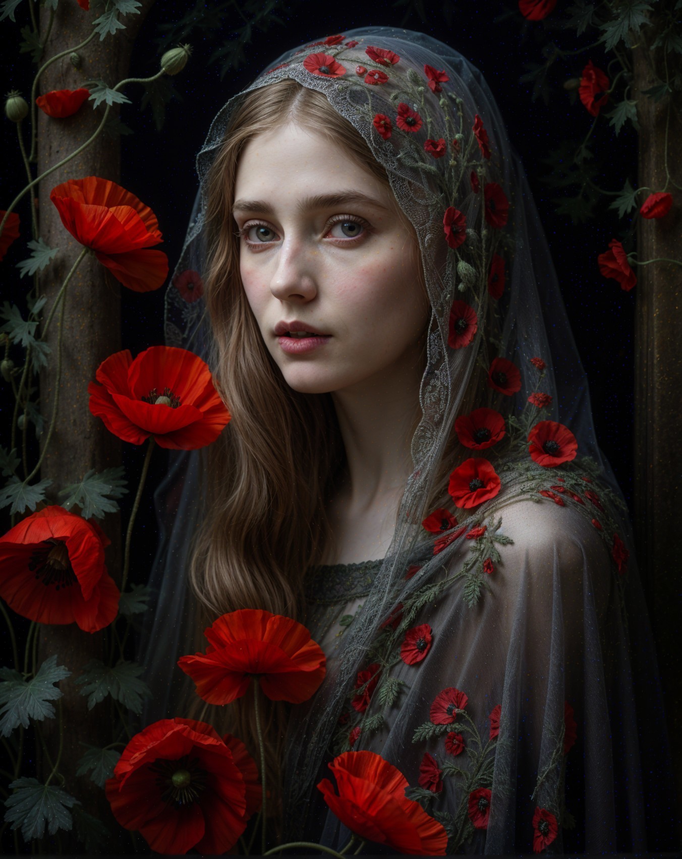 Woman in gray veil with red poppies in dark setting