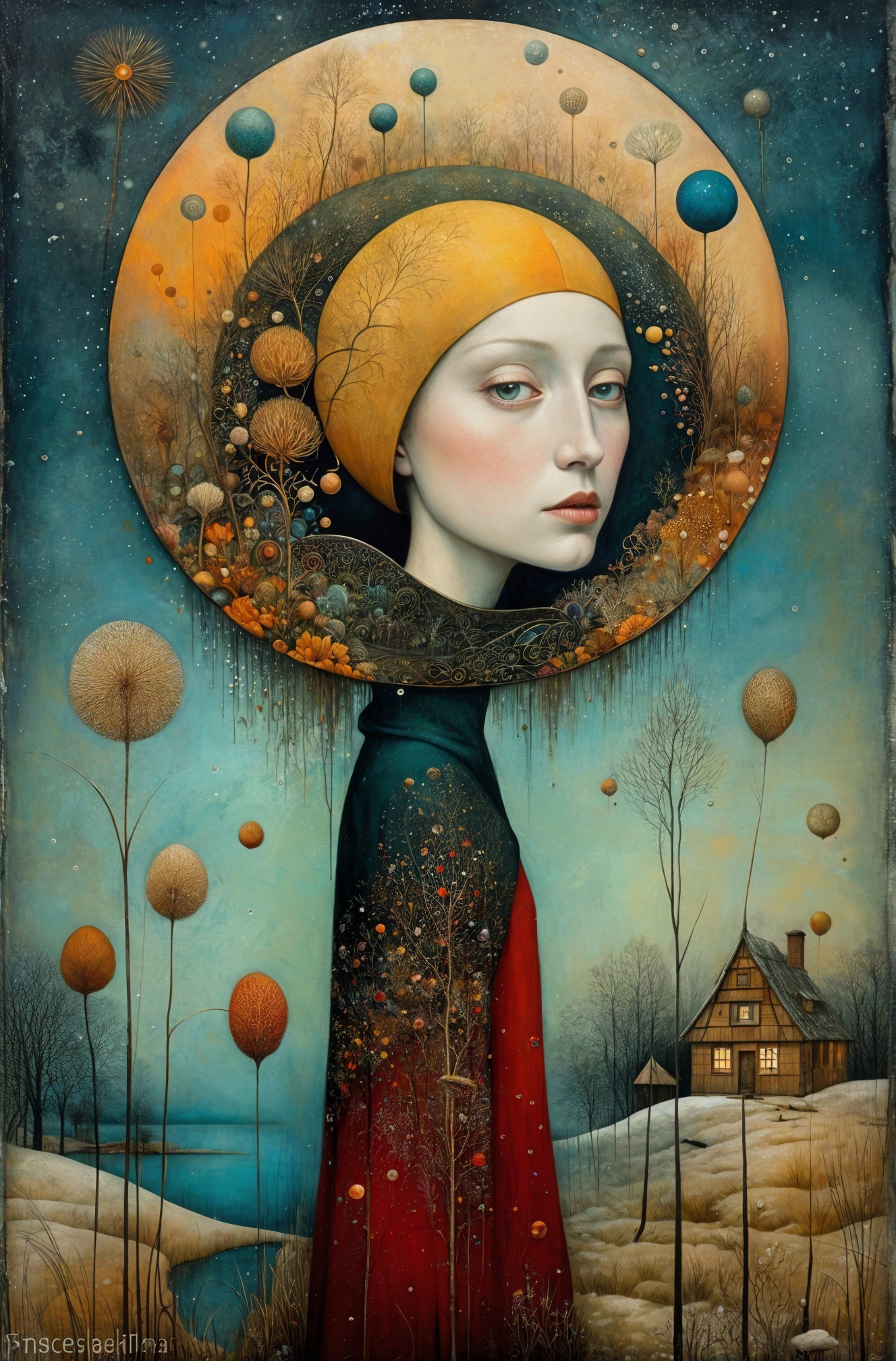 Surreal Portrait of Woman with Yellow Headdress and Landscape