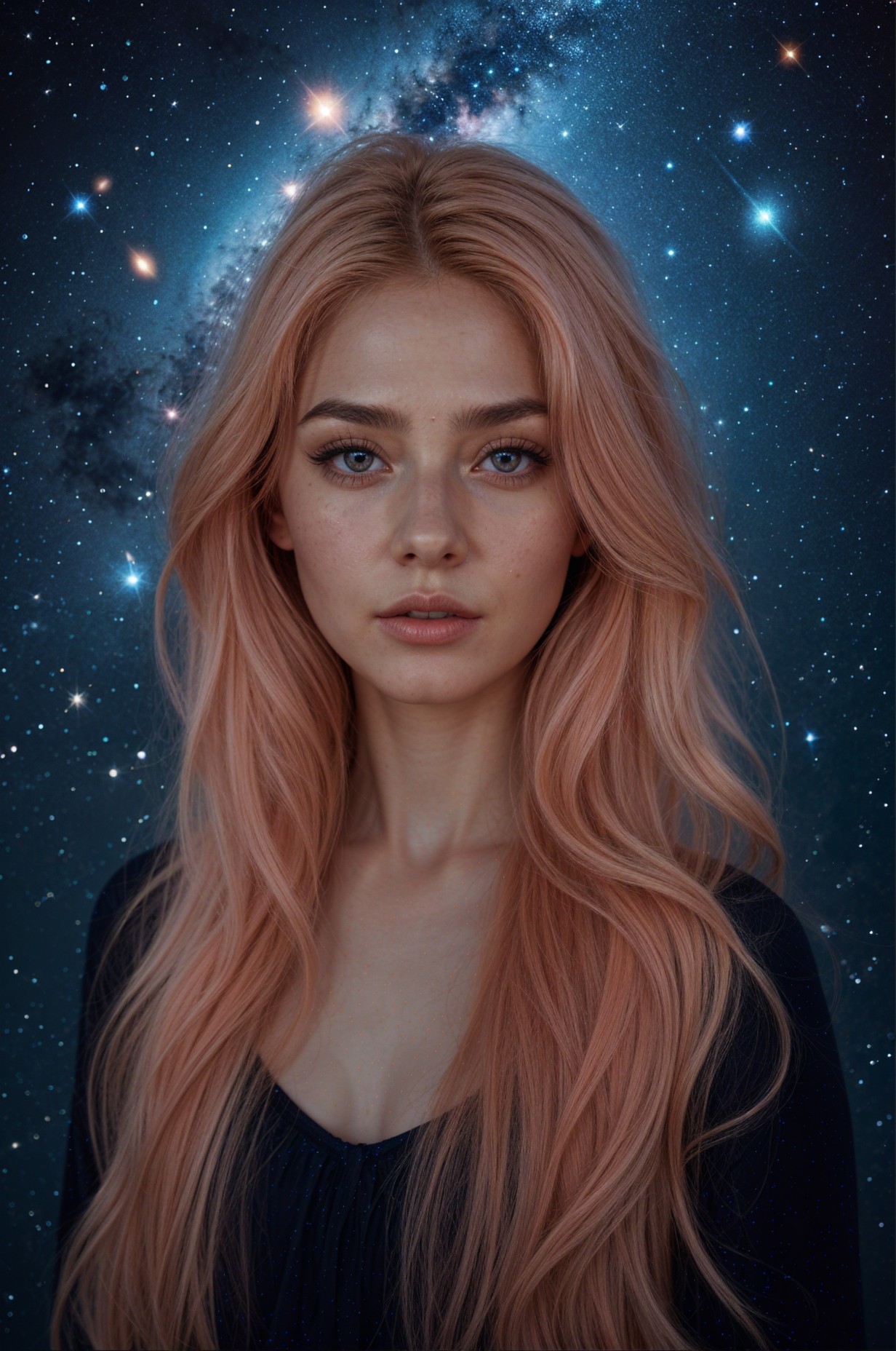 Portrait of a Young Woman with Pink Hair in a Galaxy