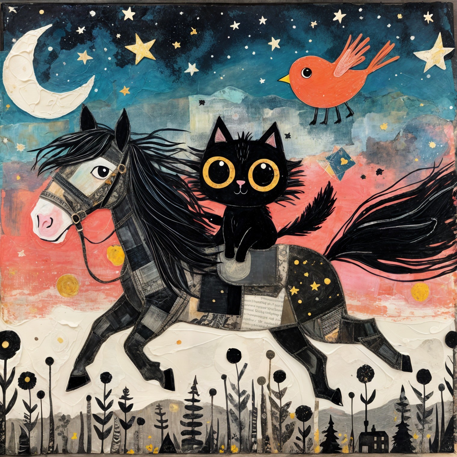 Whimsical Illustration of Horse, Cat, and Moonlit Sky
