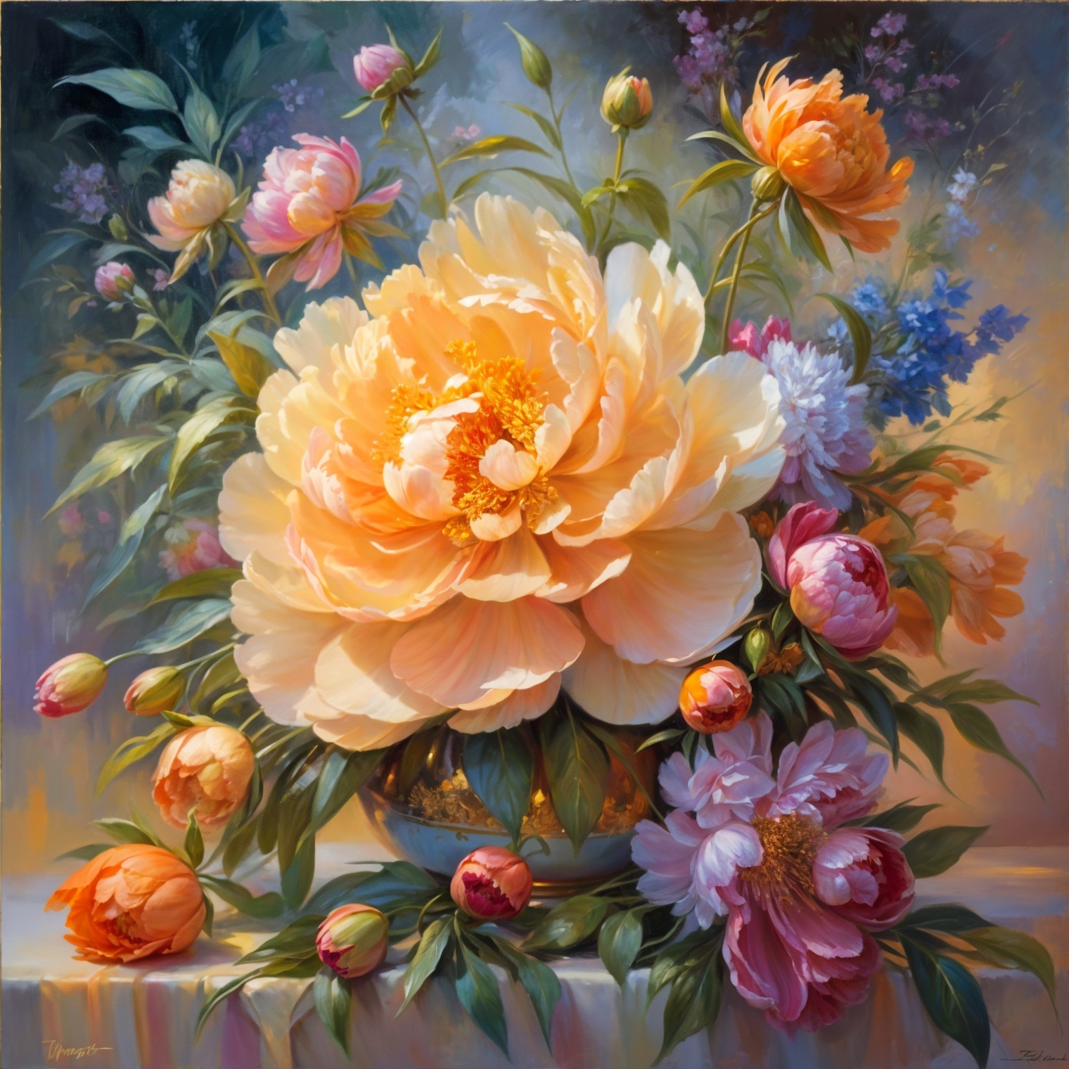Vibrant Still Life of Pink and Peach Peonies
