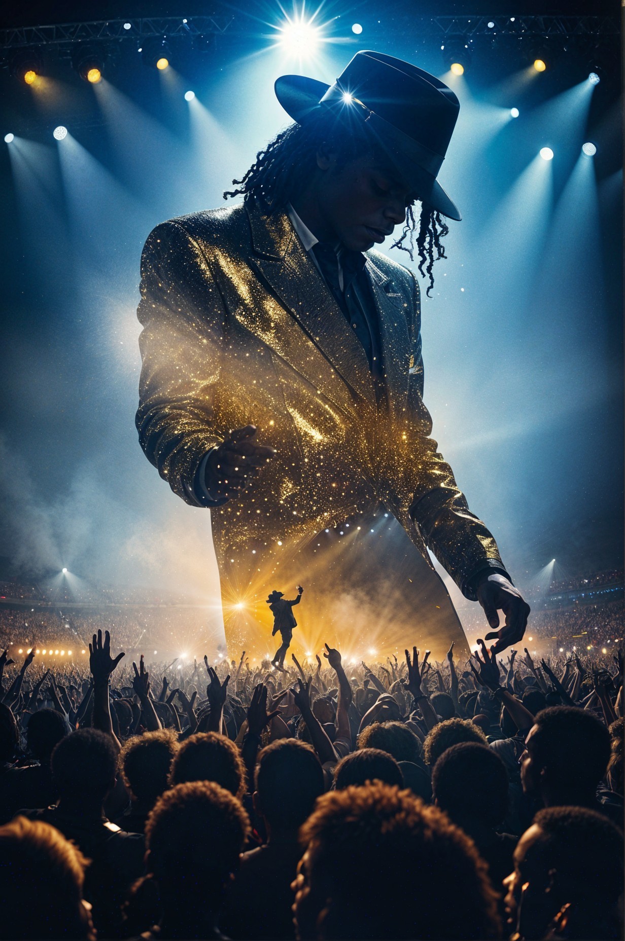 Dramatic Concert Scene with Shimmering Gold Figure