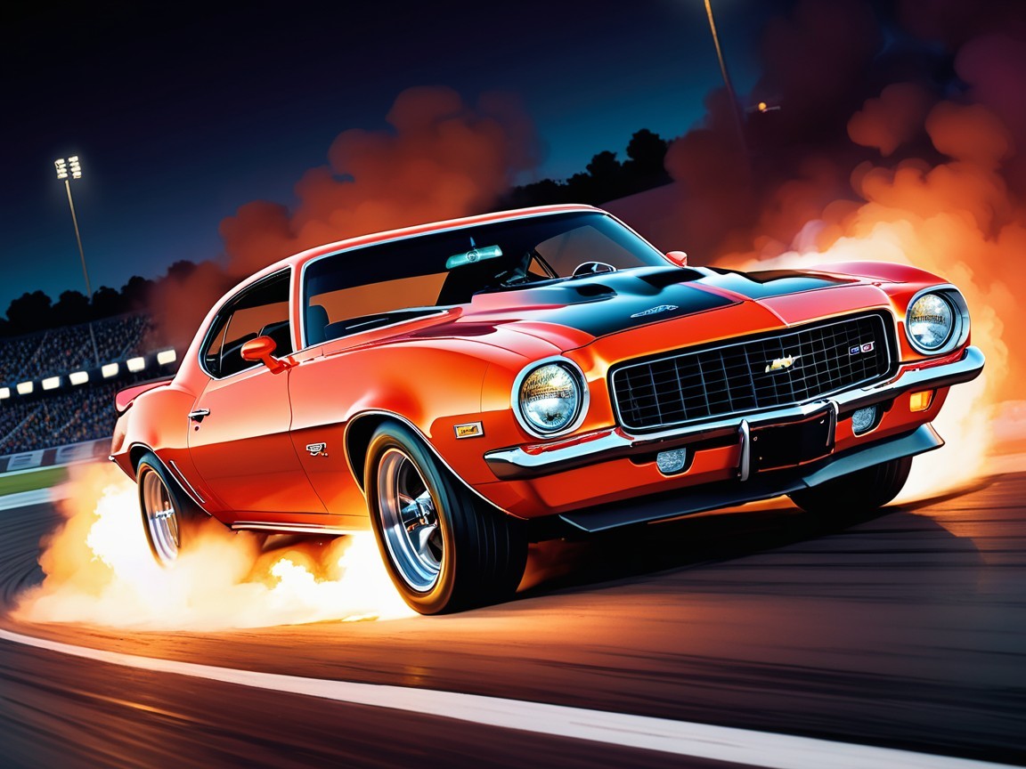 Vibrant Orange Chevy Camaro on a Night Racetrack