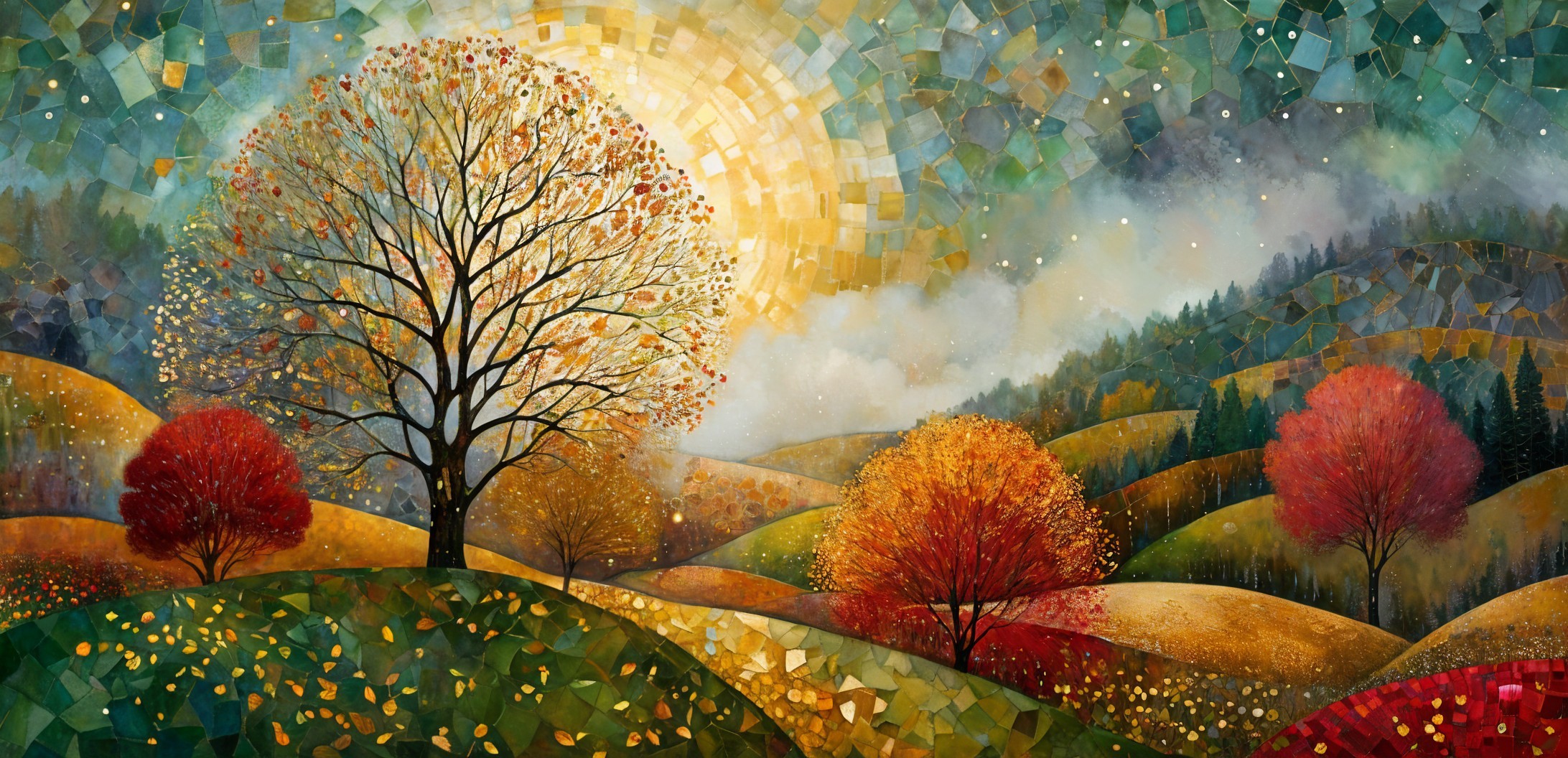 Serene Autumn Landscape with Colorful Trees and Hills