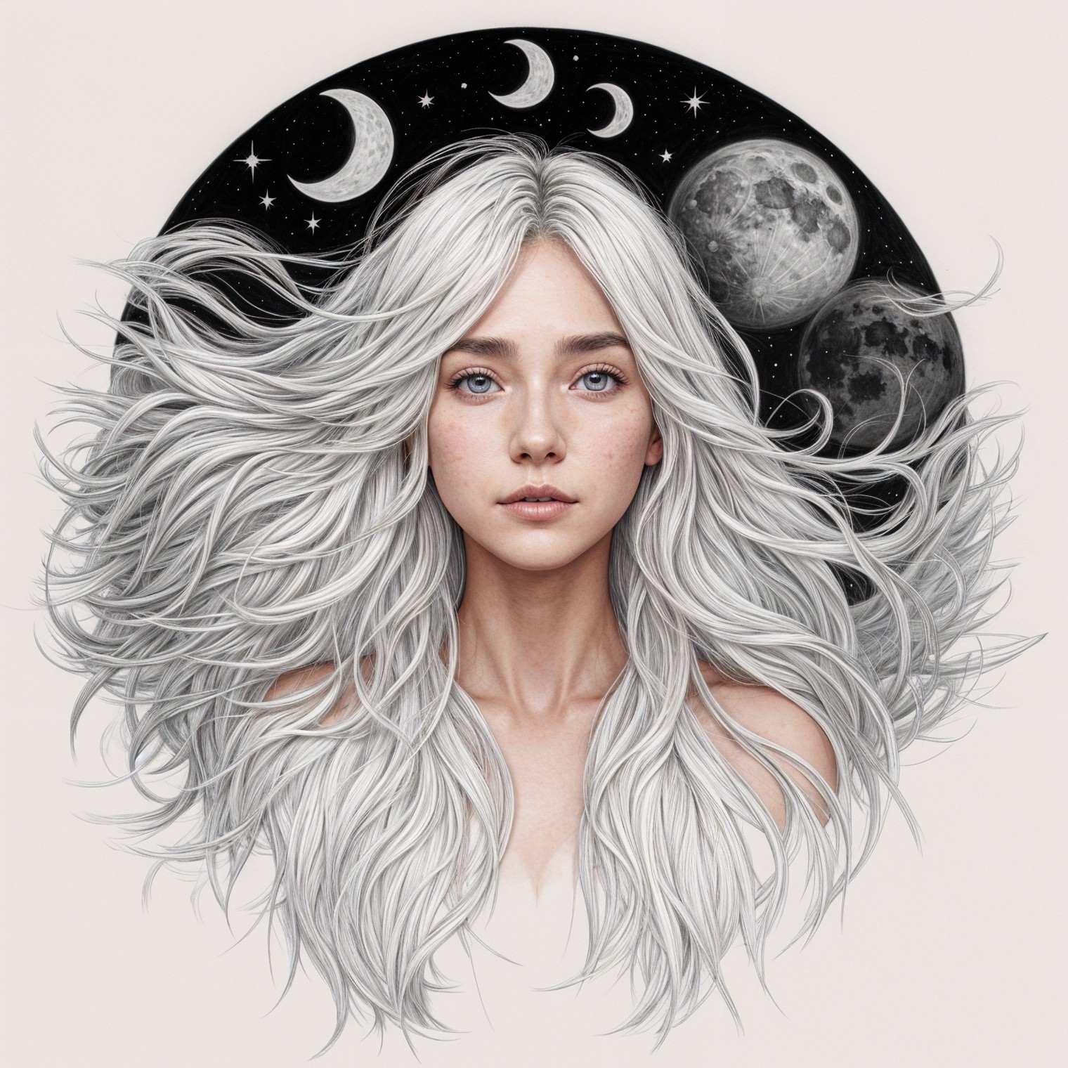 Young woman with white hair against celestial backdrop