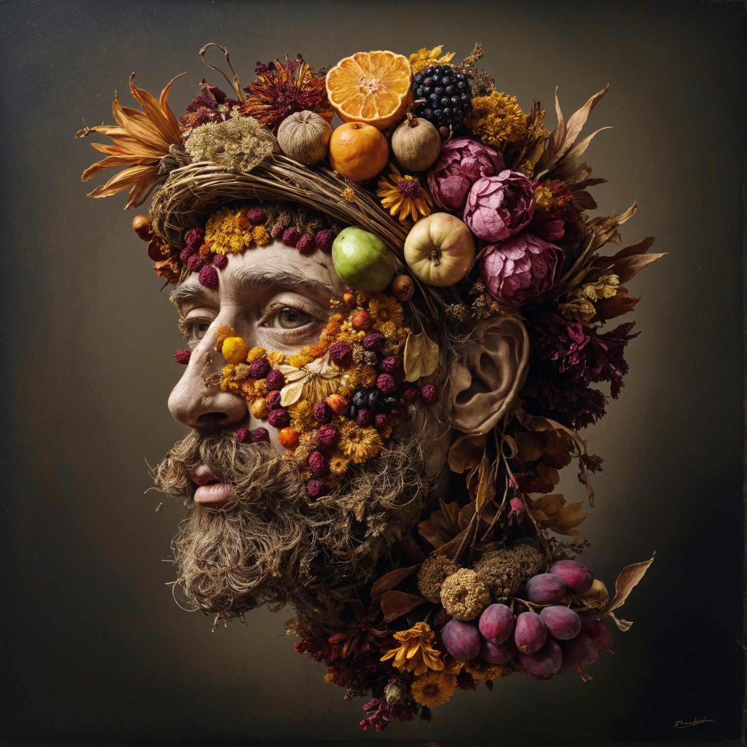 Portrait of a man with floral and fruit headdress