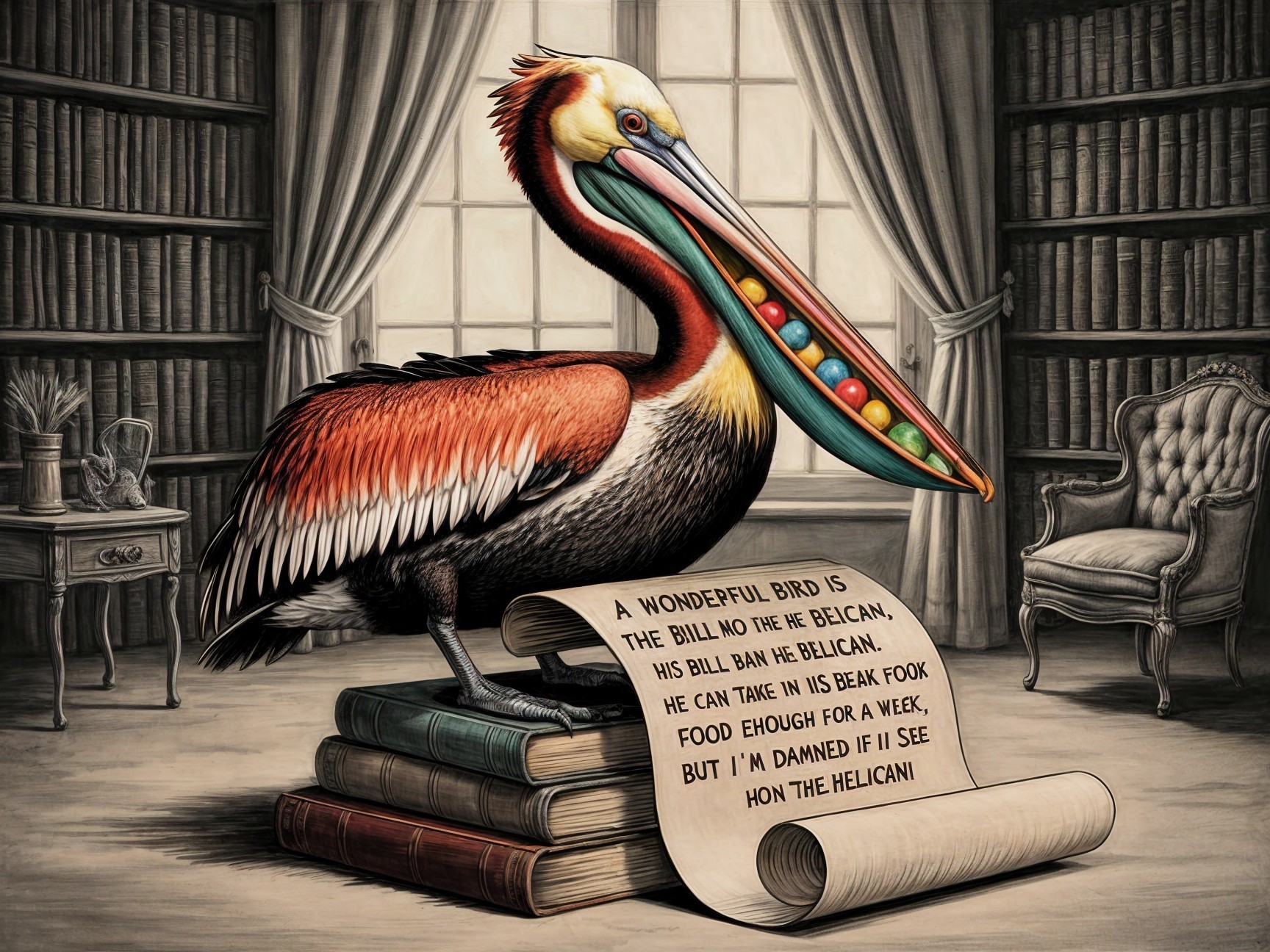 Colorful Pelican on Books in a Library Setting