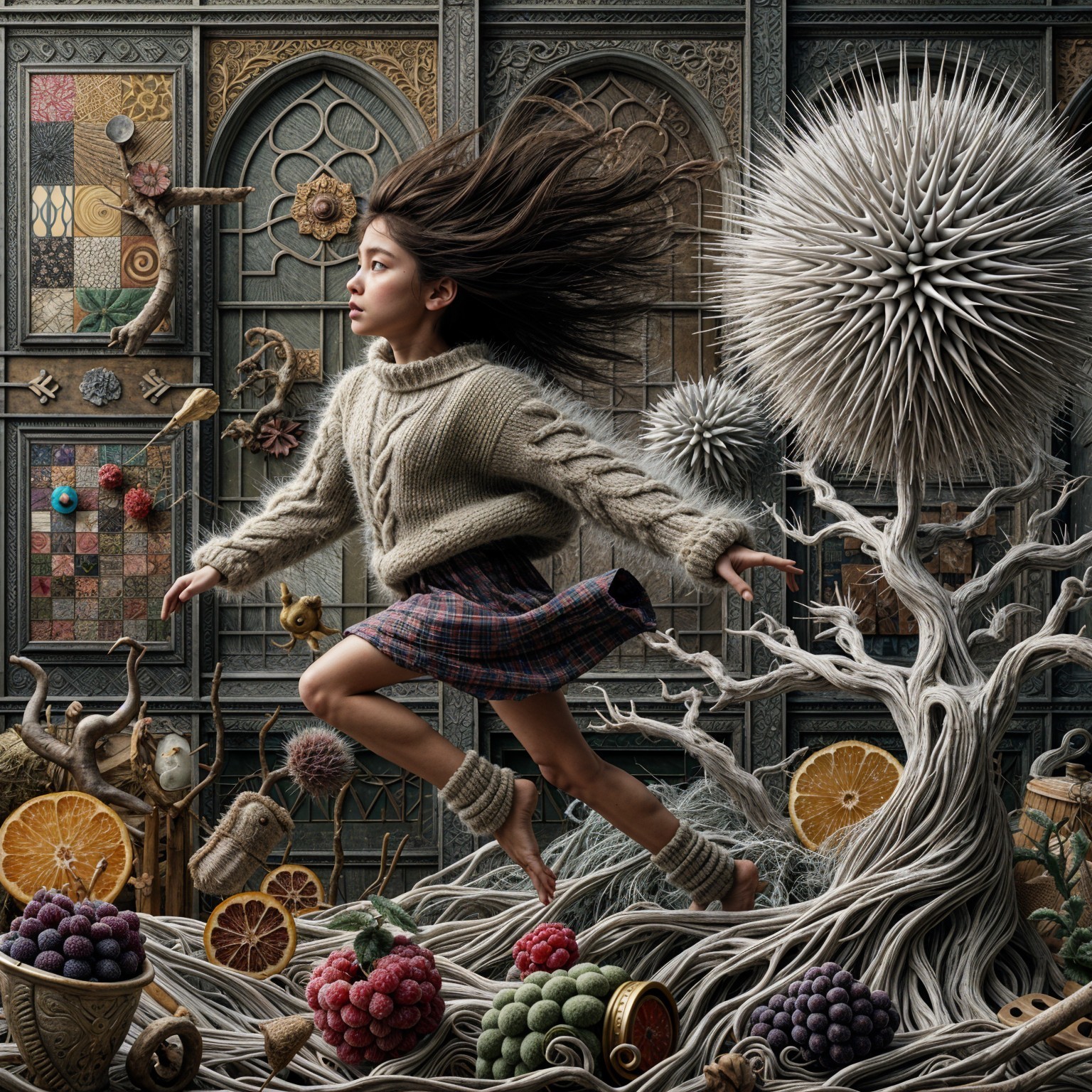 Girl in Sweater Leaps Through Whimsical Landscape