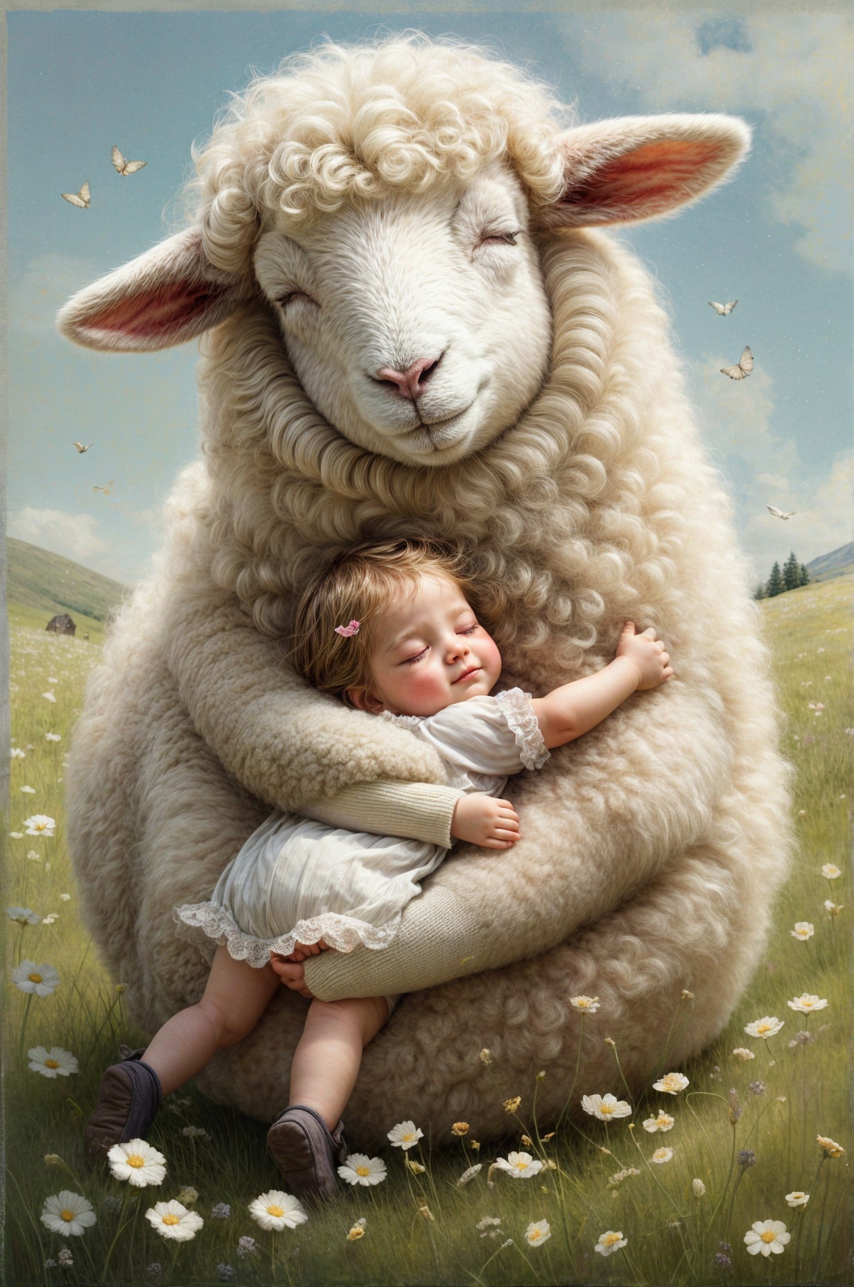 Sheep and Baby in Serene Meadow with Daisies