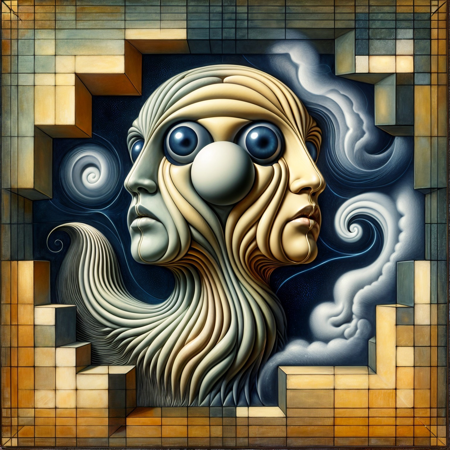 Surreal Composition of Abstract Heads and Dreamlike Background