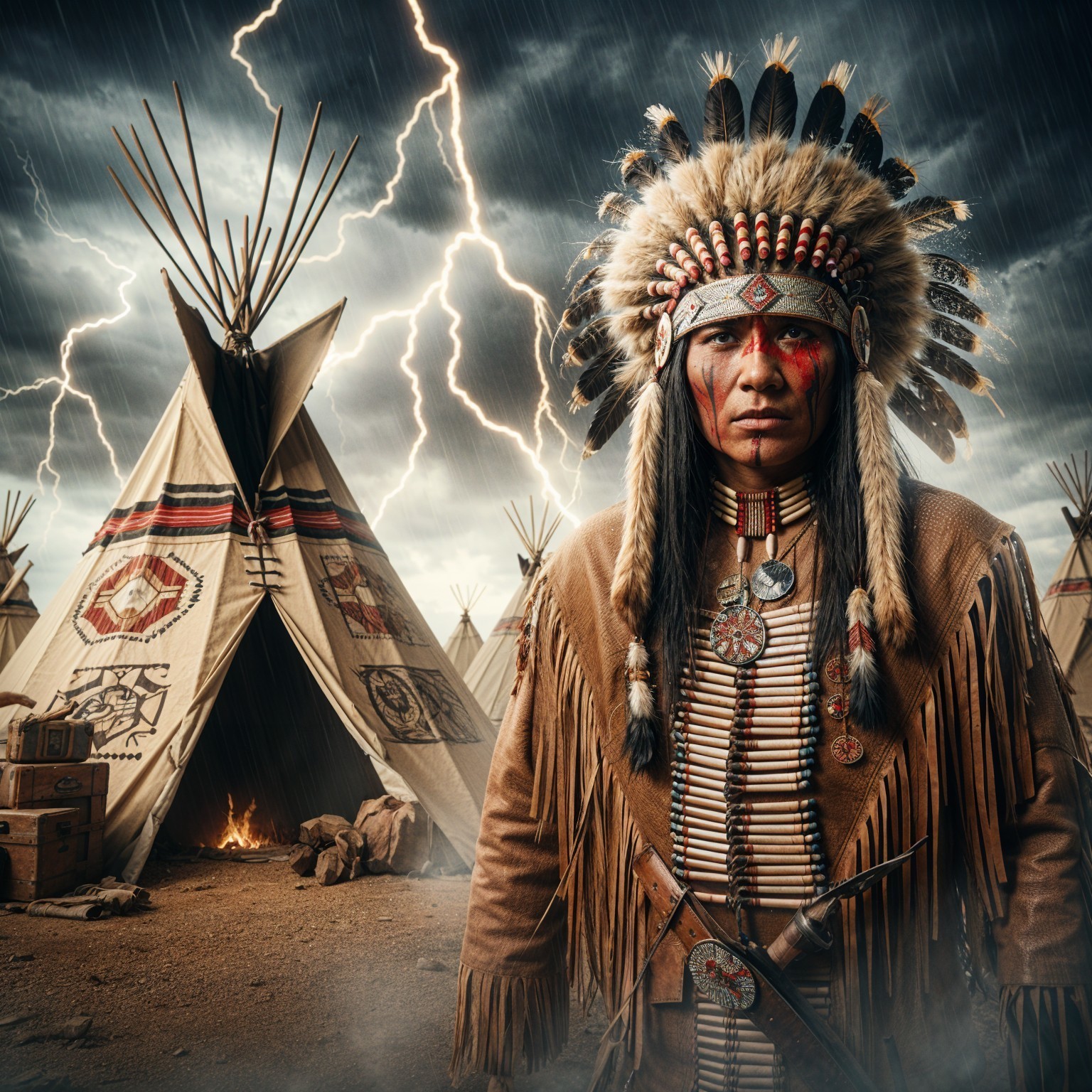 Native American Figure in Traditional Attire and Teepees