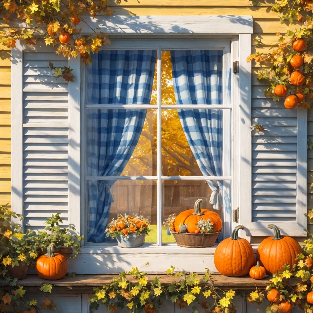 Charming Window with Autumn Decor and Pumpkins