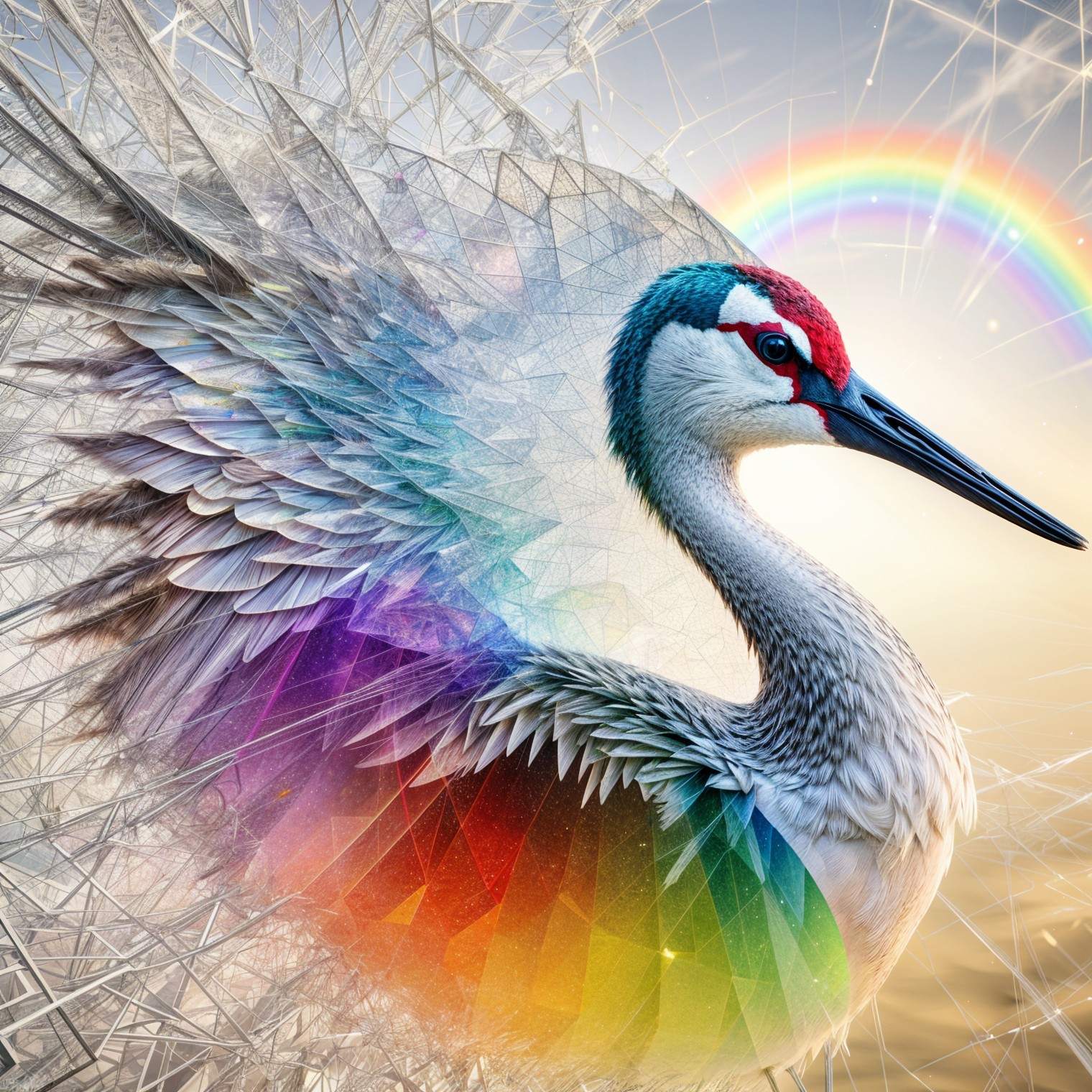 Majestic Crane with Vibrant Multicolored Feathers