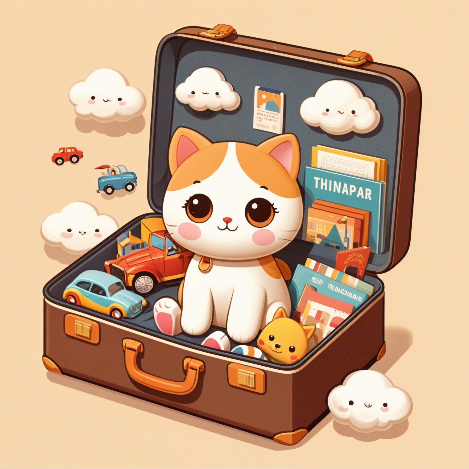 Cartoon Cat in Suitcase Surrounded by Toys and Books