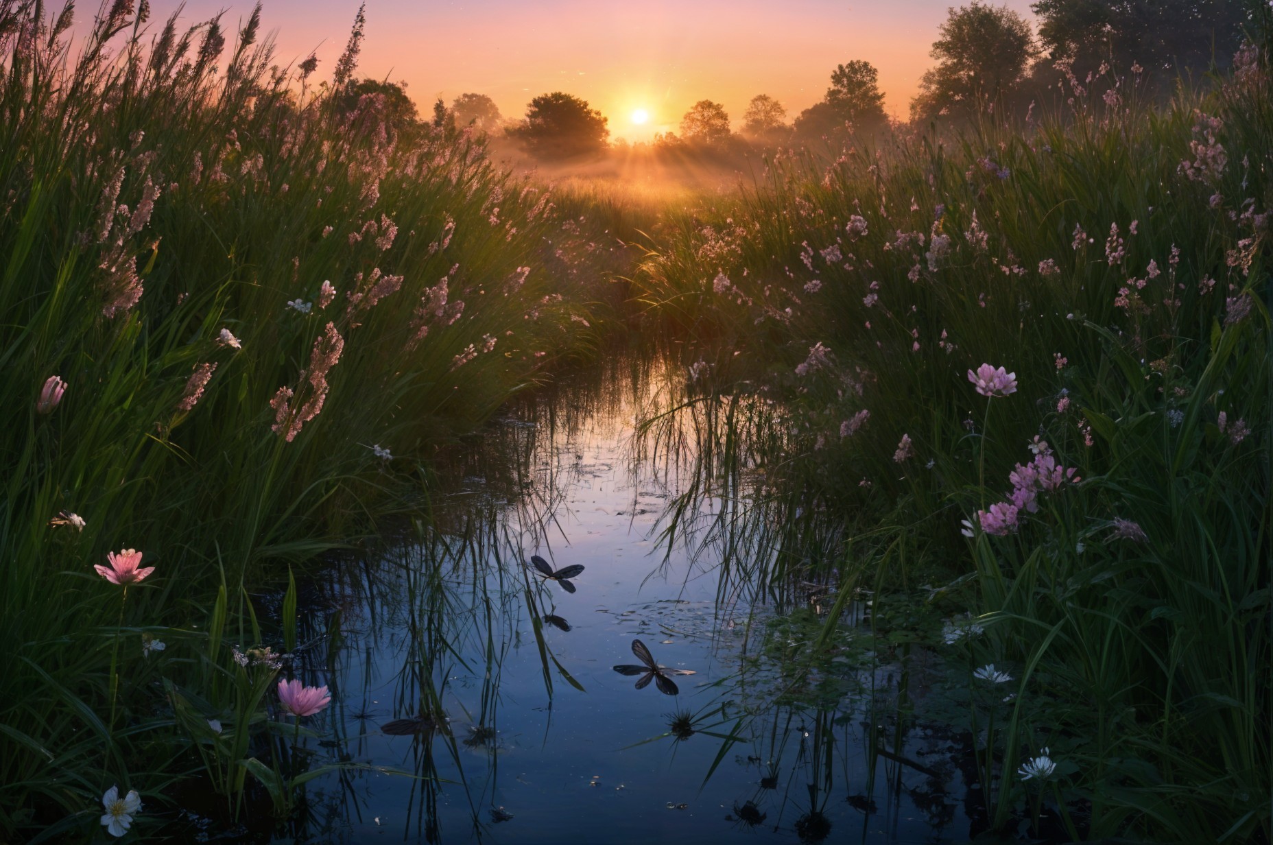 Serene Sunrise Over a Tranquil Misty Landscape