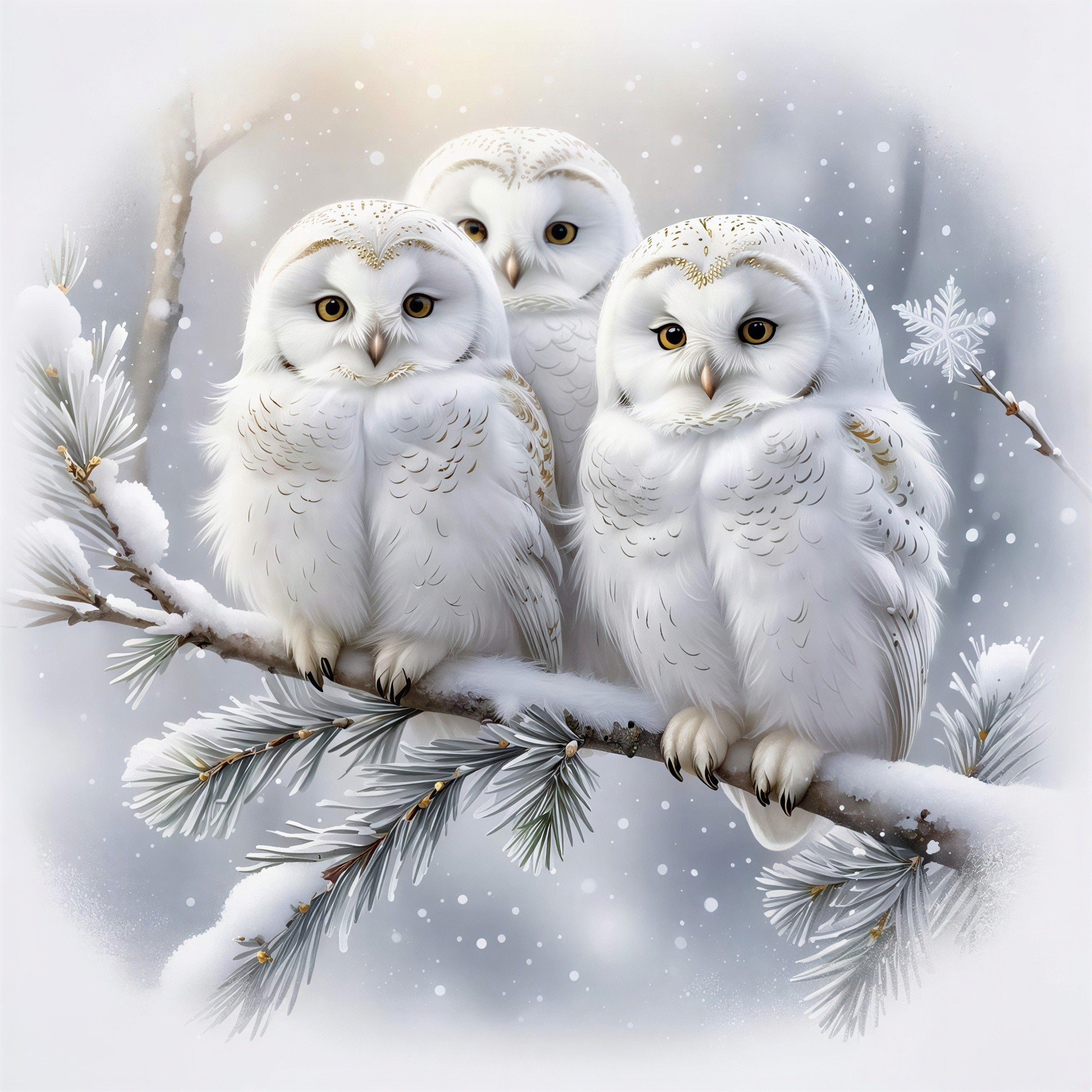 Fluffy White Baby Owls on Snowy Pine Branch