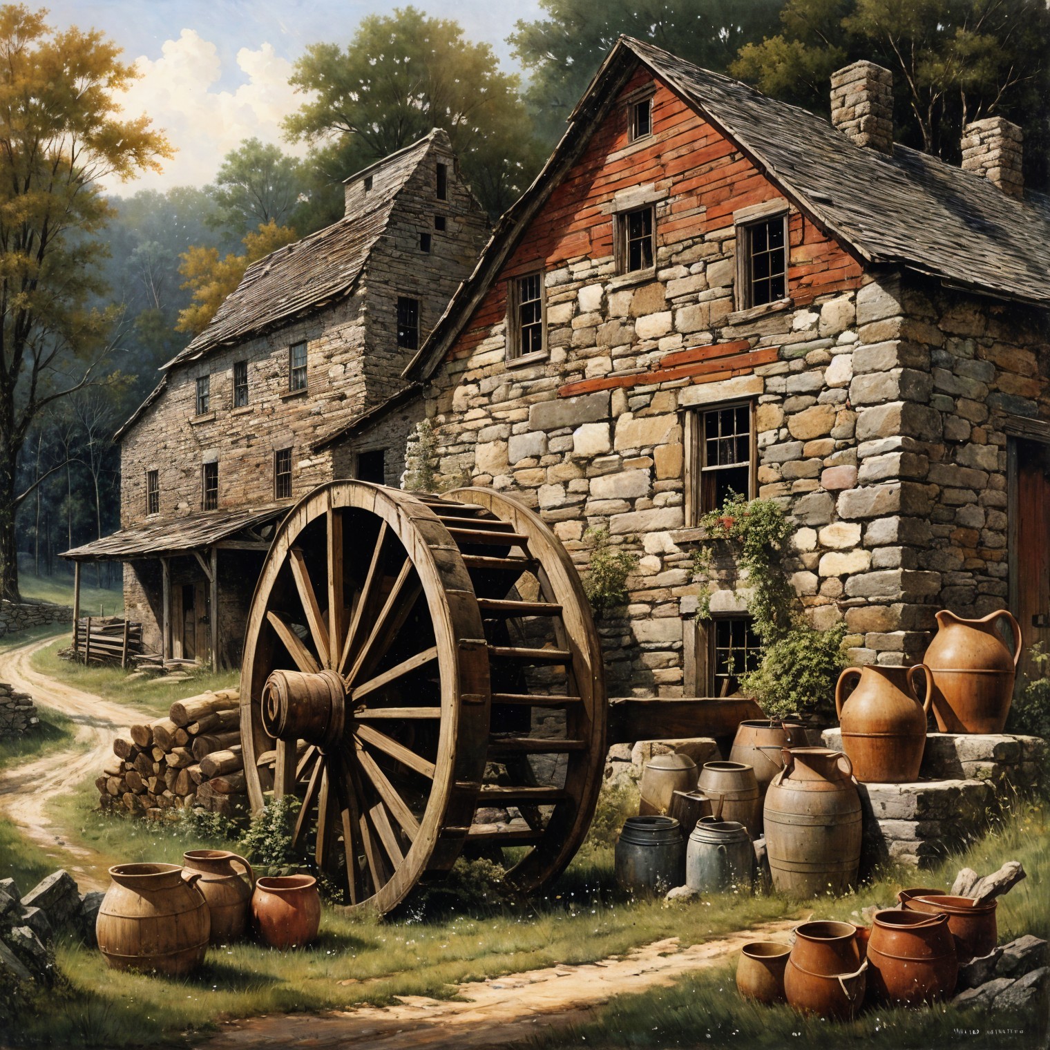 Rustic Scene with Wooden Wheel and Stone Building