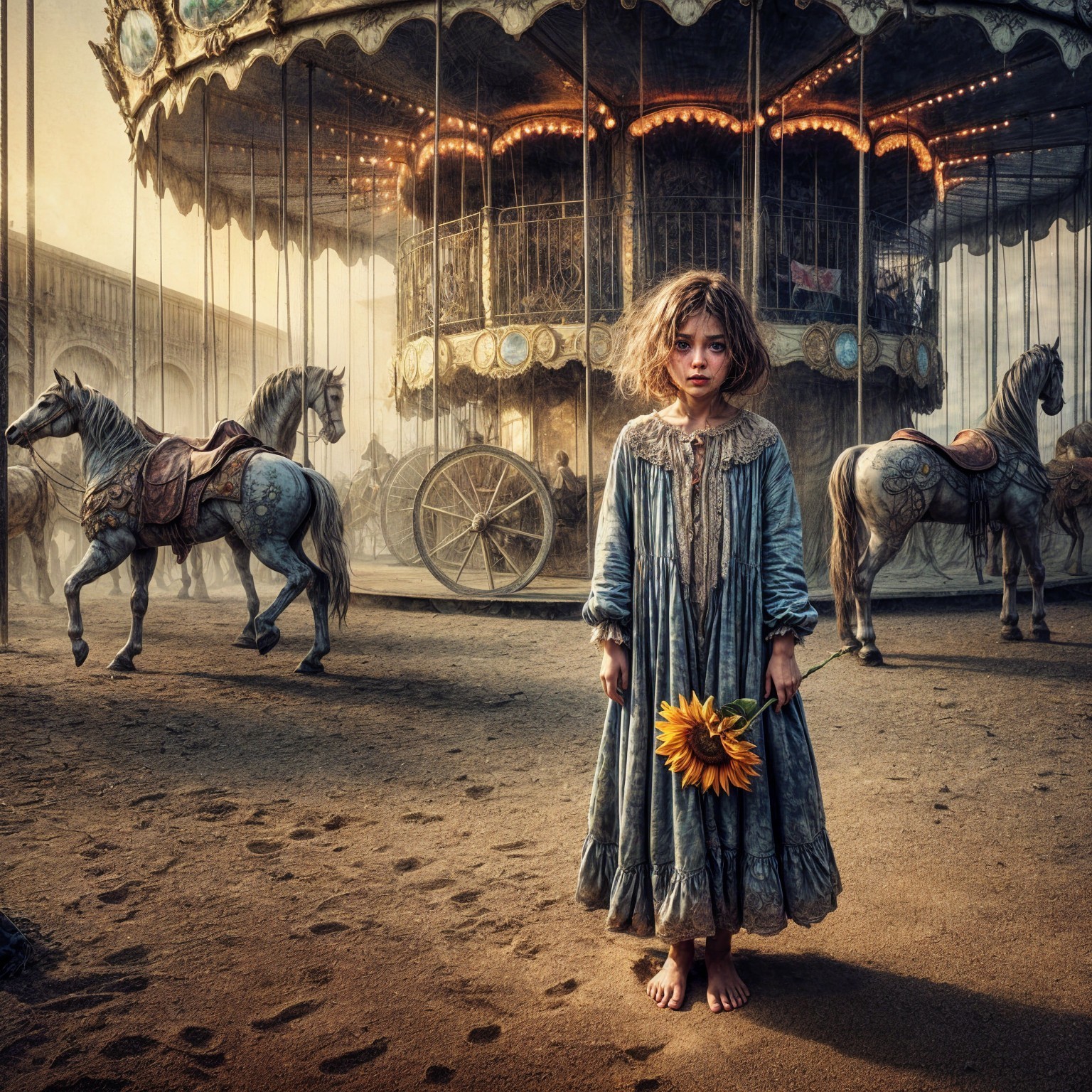Young Girl with Sunflower Near Abandoned Carousel