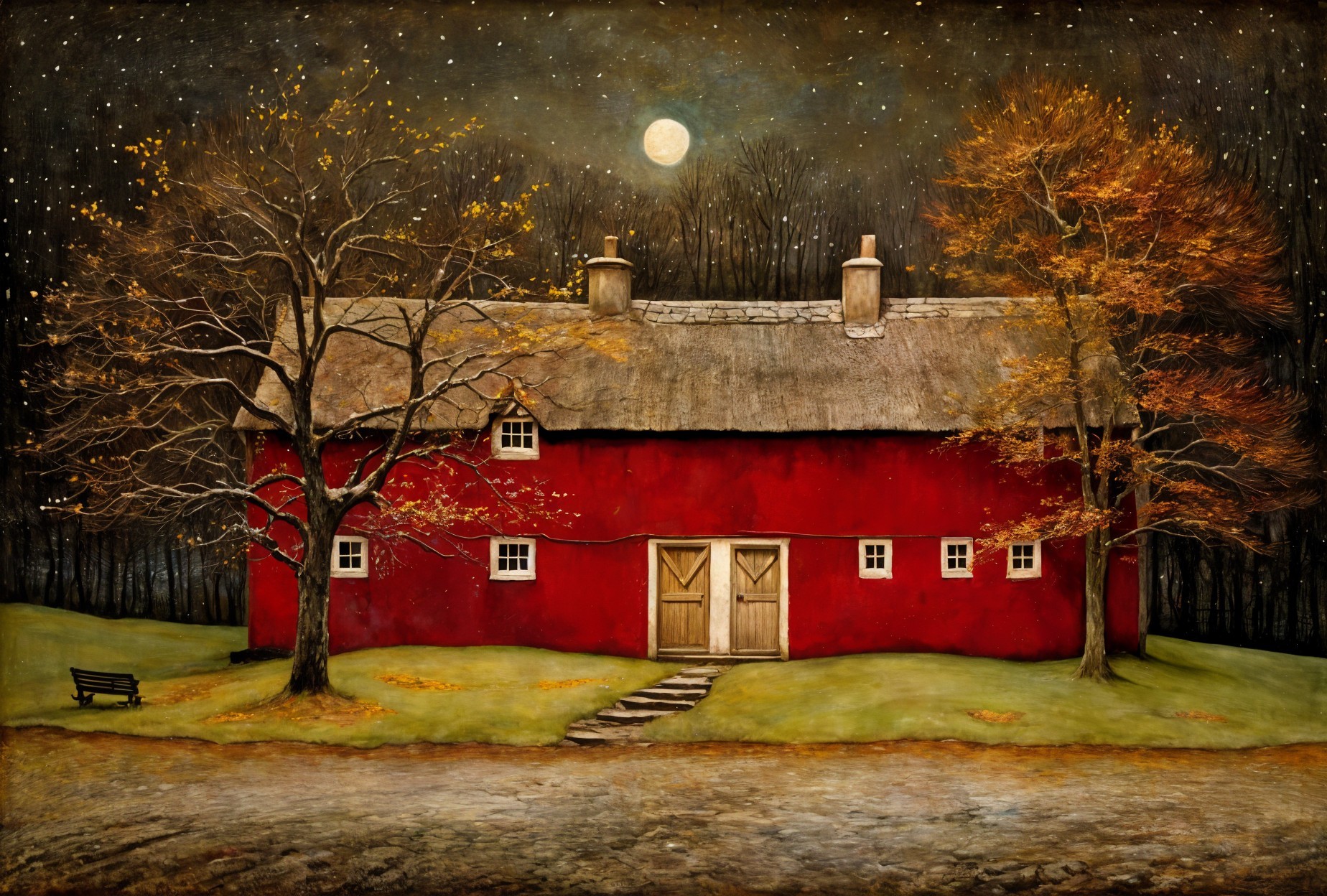 Charming Red House Under Starry Sky with Autumn Trees