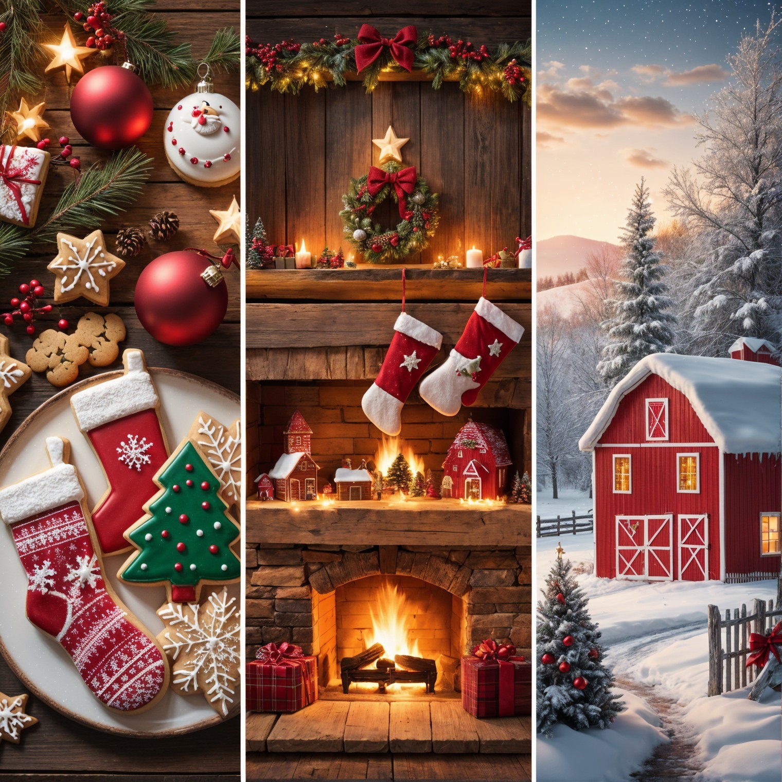 Festive Holiday Scene with Table, Mantle, and Barn