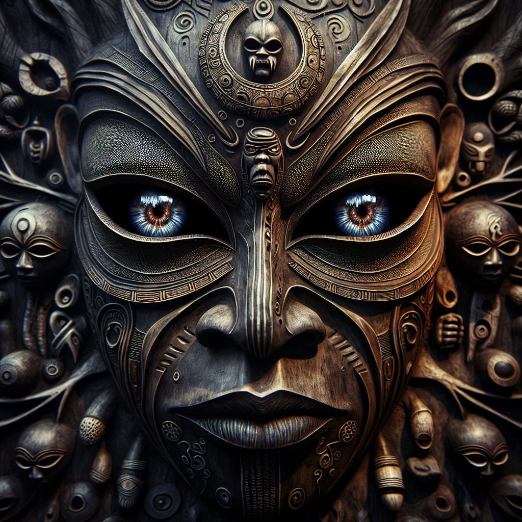 Intricately Carved Wooden Face with Tribal Motifs